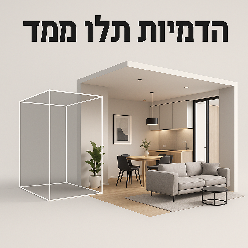 הדמיה תלת מימדית של חלל פנים מודרני עם מטבח וסלון, לצד שלד גיאומטרי של קובייה, כיתוב 'הדמיות תלת ממד' בראש התמונה.