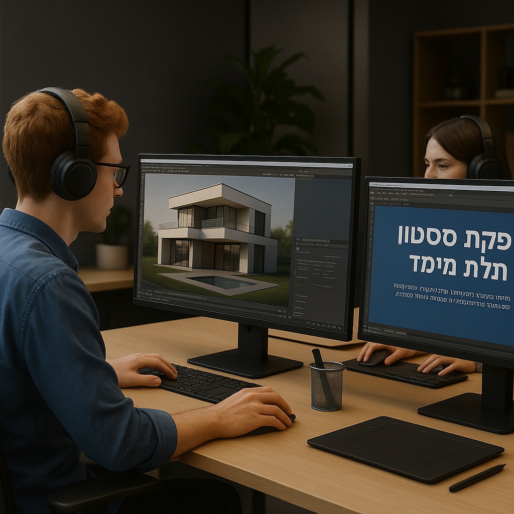 שני אנשים עובדים במשרד על מחשבים עם מסכים כפולים. האיש משמאל, עם אוזניות ומשקפיים, עובד על הדמיה תלת-ממדית של בית מודרני. המסך השני מציג טקסט בעברית: "הפקת סטון תלת מימד". ברקע נראית אישה נוספת עם אוזניות, גם היא עובדת מול מחשב. האווירה מקצועית וממוקדת.