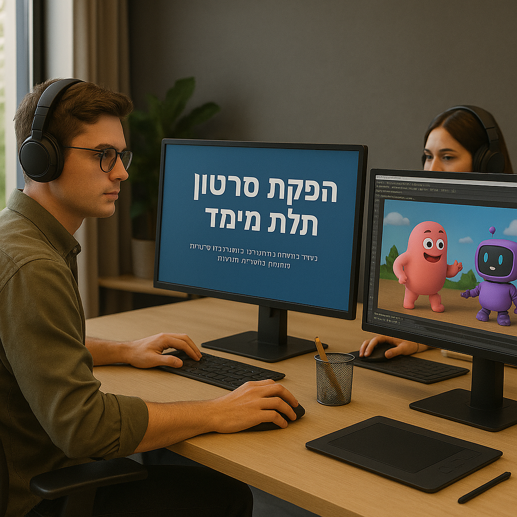 שני אנשים יושבים במשרד עם אוזניות מול מסכי מחשב כפולים. האיש משמאל עובד על הפקת סרטון תלת-ממד, עם מסך שמציג טקסט בעברית: "הפקת סרטון תלת מימד". המסך השני מציג דמויות מצוירות תלת-ממדיות צבעוניות – אחת ורודה ואחת סגולה עם ראש רובוטי. ברקע נראית אישה נוספת עם אוזניות מול מסך. הסביבה מקצועית ורגועה