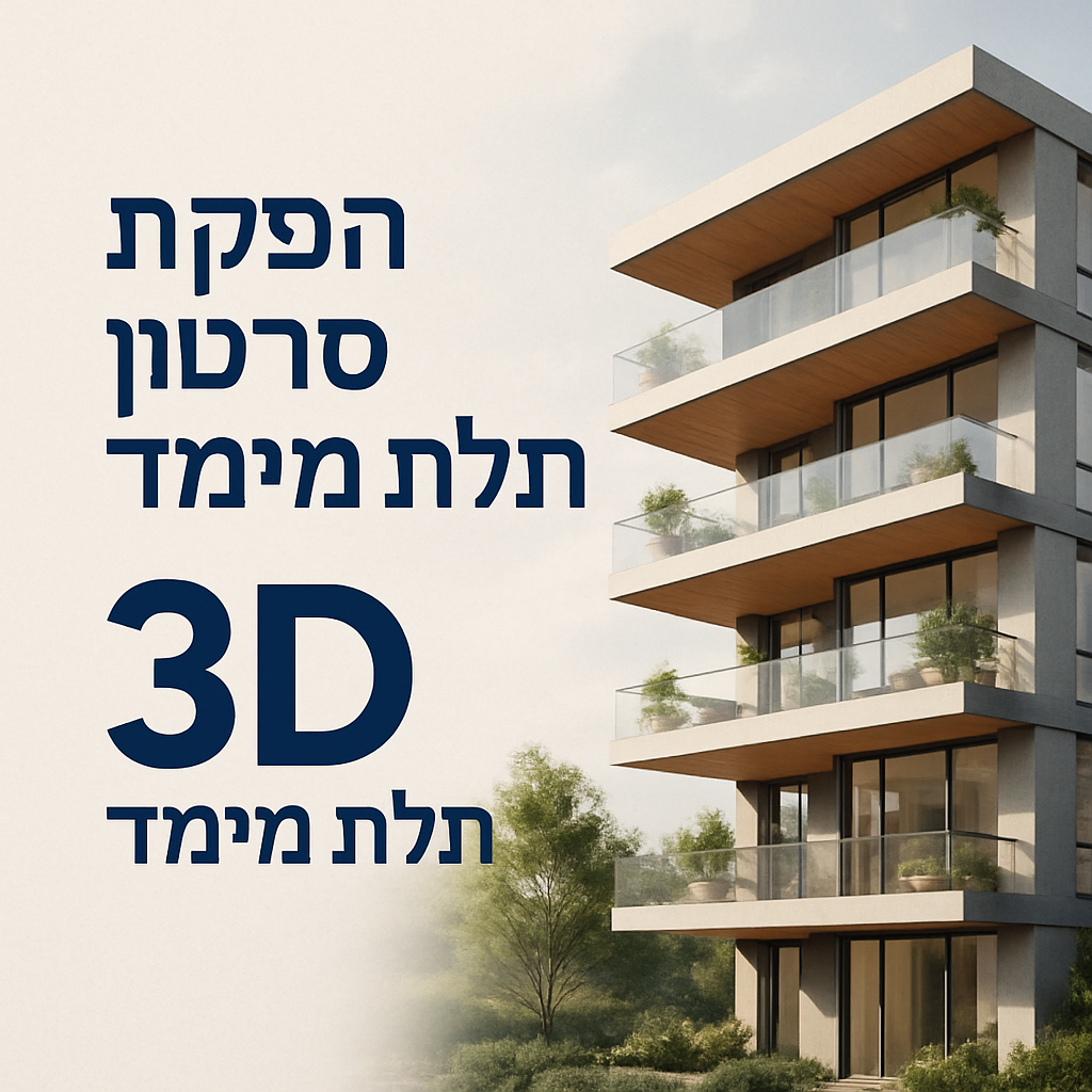 הדמיה תלת-ממדית של בניין מודרני עם מרפסות מזכוכית וצמחייה, על רקע שמיים בהירים ועצים ירוקים. בצד שמאל של התמונה מופיע טקסט בעברית: "הפקת סרטון תלת מימד 3D תלת מימד". העיצוב משדר מקצועיות וטכנולוגיה מתקדמת בתחום האנימציה או האדריכלות.