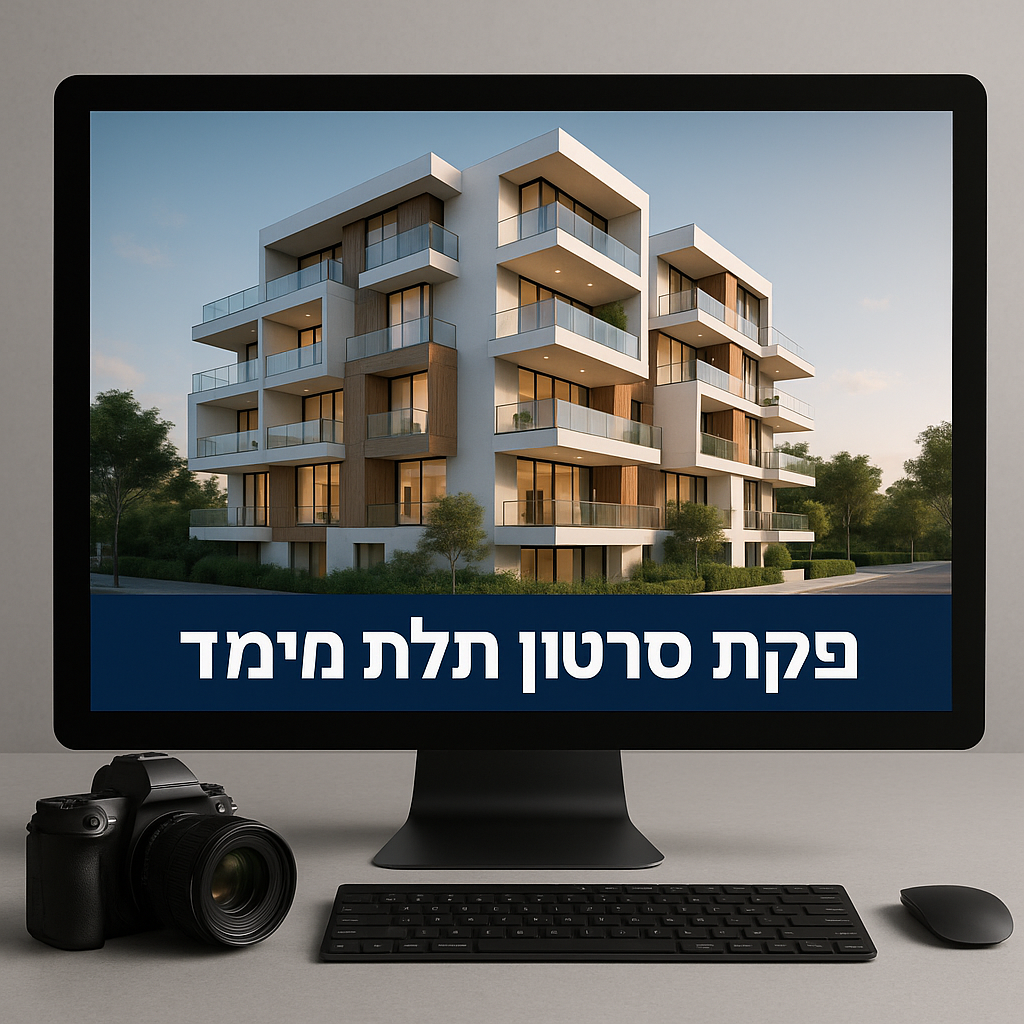 צג מחשב שמציג בניין מגורים מודרני בתלת מימד, עם טקסט בתחתית שכתוב בו: 'פקת סרטון תלת מימד'. ליד המסך מצלמה דיגיטלית, מקלדת ועכבר.