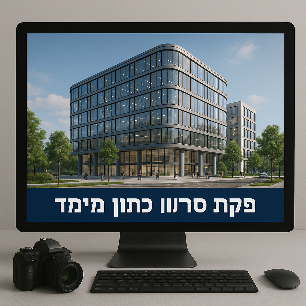 צג מחשב שמציג הדמיה תלת מימדית של בניין משרדים מודרני עם חזית זכוכית. בתחתית המסך מופיע טקסט: 'פקת סרטון חתך מימד'. ליד המסך מונחת מצלמה דיגיטלית, מקלדת ועכבר.
